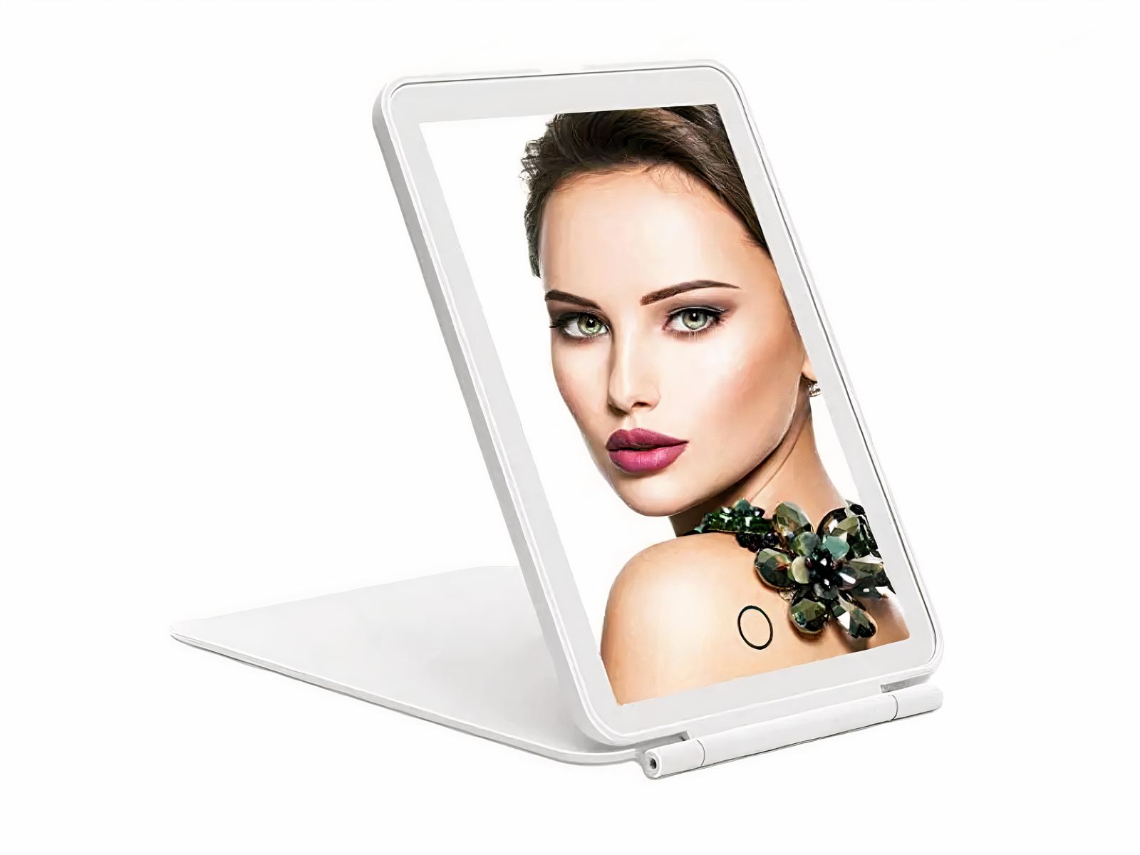 Miroir LED coiffeuse pliant et ajustable sur fond blanc
