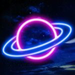 Néon LED en forme de planète Saturne Néon LED en forme de planète Saturne, de couleur bleu et rose.