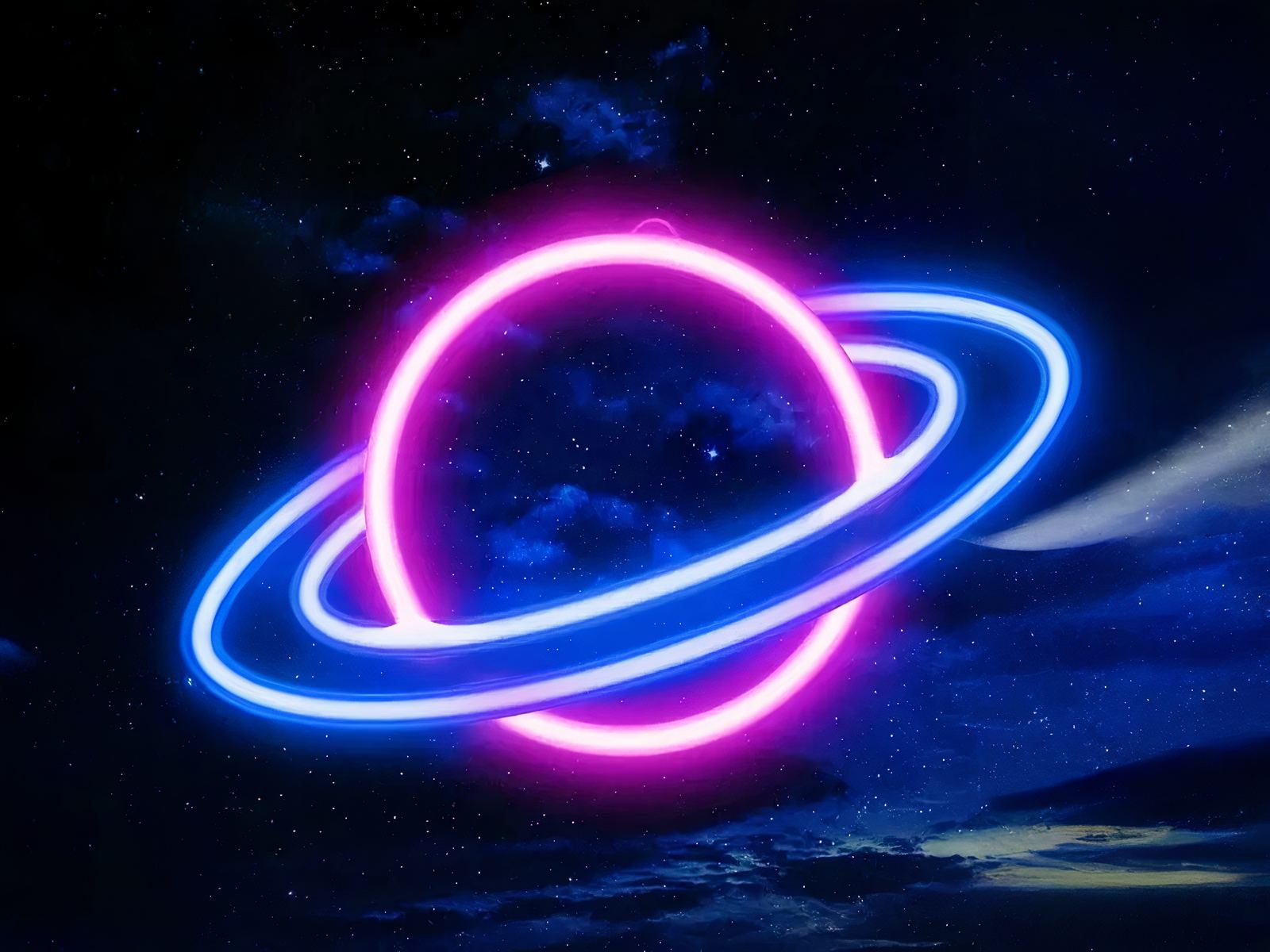 Néon LED en forme de planète Saturne, de couleur bleu et rose.