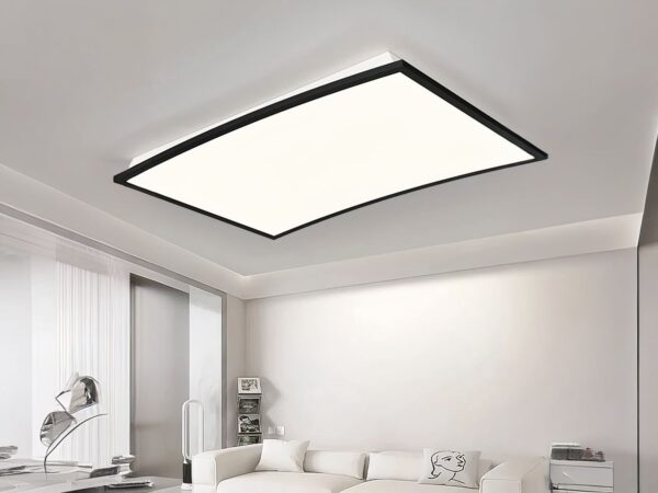 Panneaux LED design moderne et rectangulaire incurvé, de couleur noir, dans un salon.