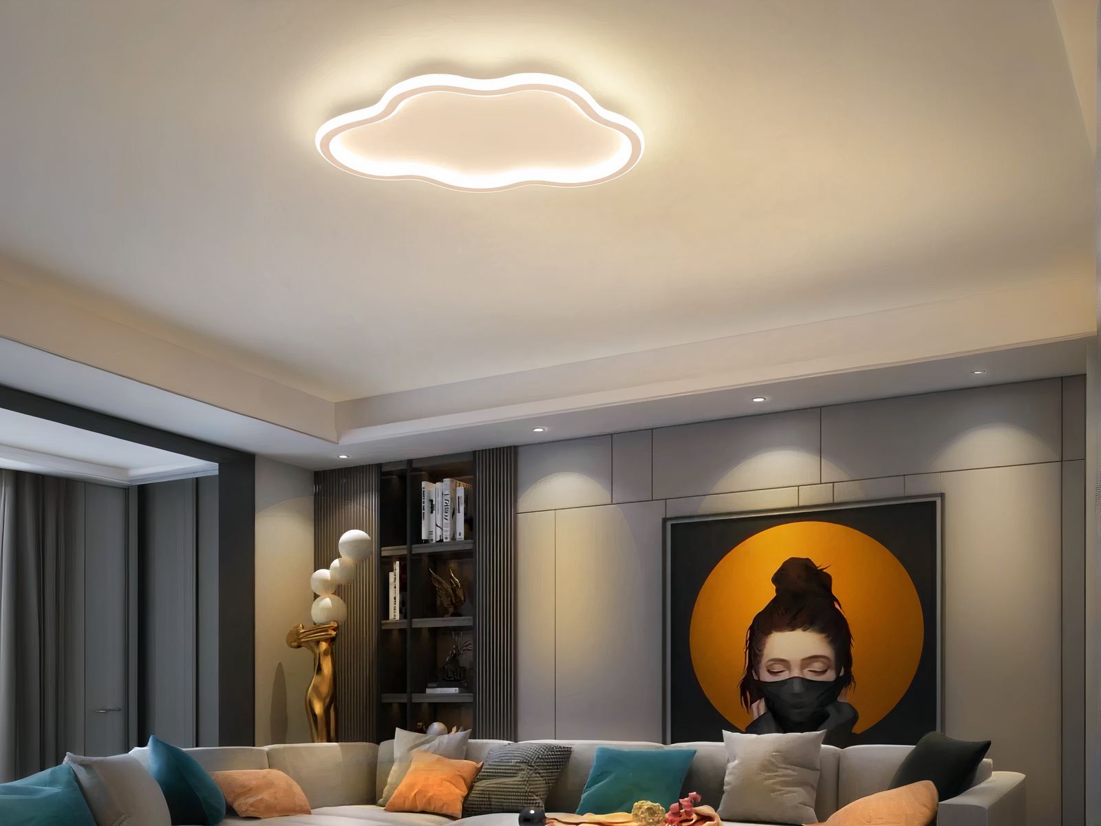 Plafond nuage LED élégant et pratique allumé dans un salon