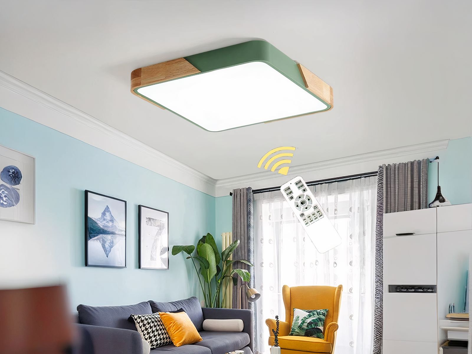 Plafonnier LED design en forme carré en bois dans un salon