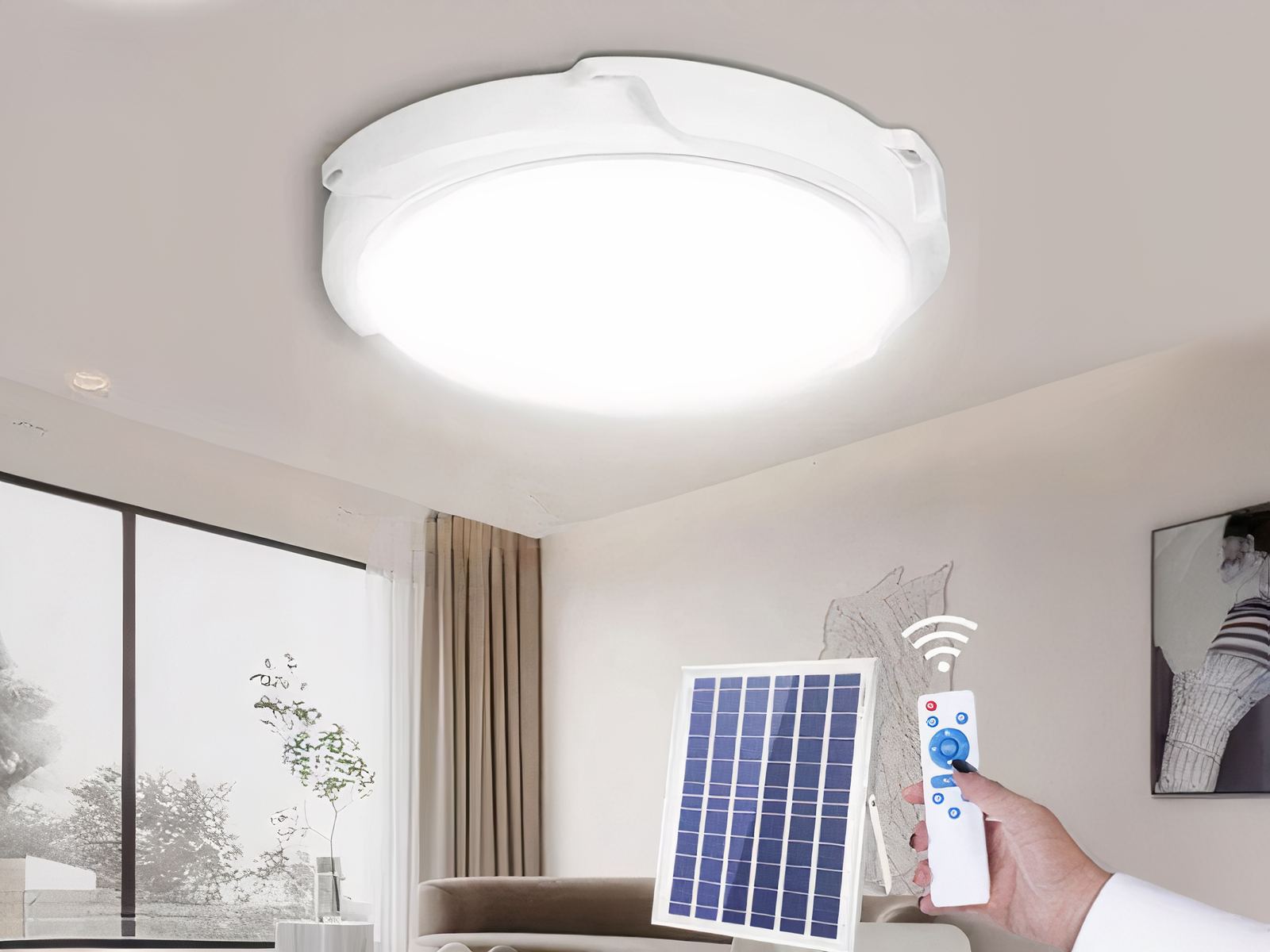 Plafonnier LED exterieur avec panneau solaire et télécommande installé sur un plafond avec des rideaux en fond et un panneau solaire et une télécommande en dessous