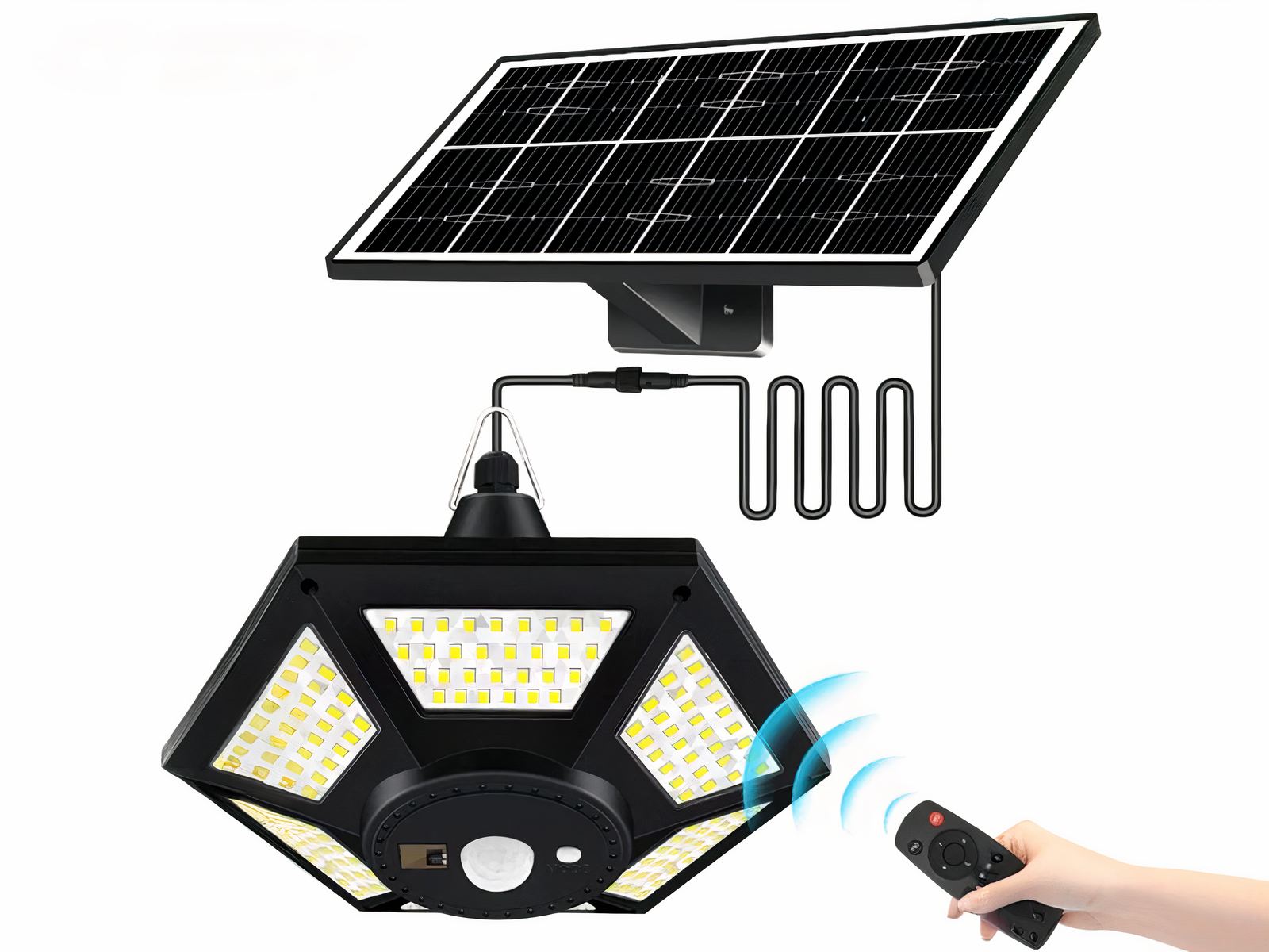 Plafonnier LED exterieur style lustre avec panneau solaire sur fond blanc