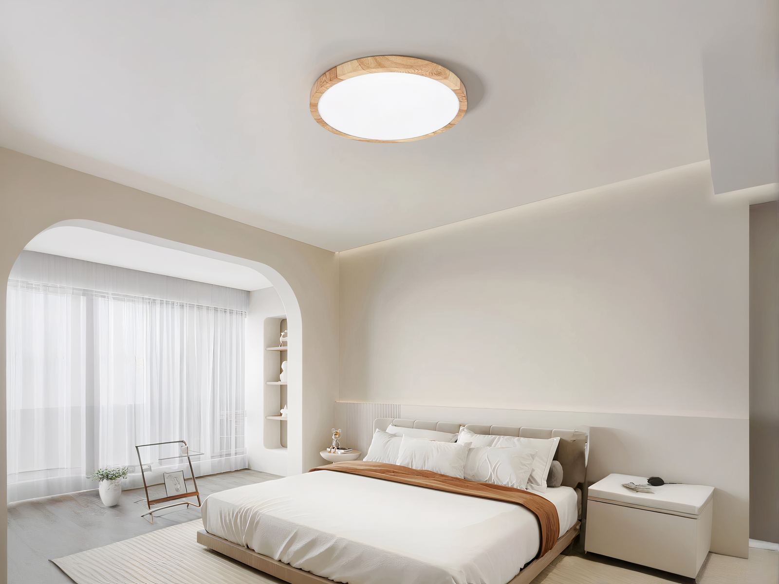 Plafonnier LED moderne facile à installer allumé dans une chambre