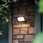 Projecteur extérieur LED étanche et durable Projecteur extérieur LED étanche et durable installé sur la façade d'une maison avec des plantes vertes à droite et à gauche