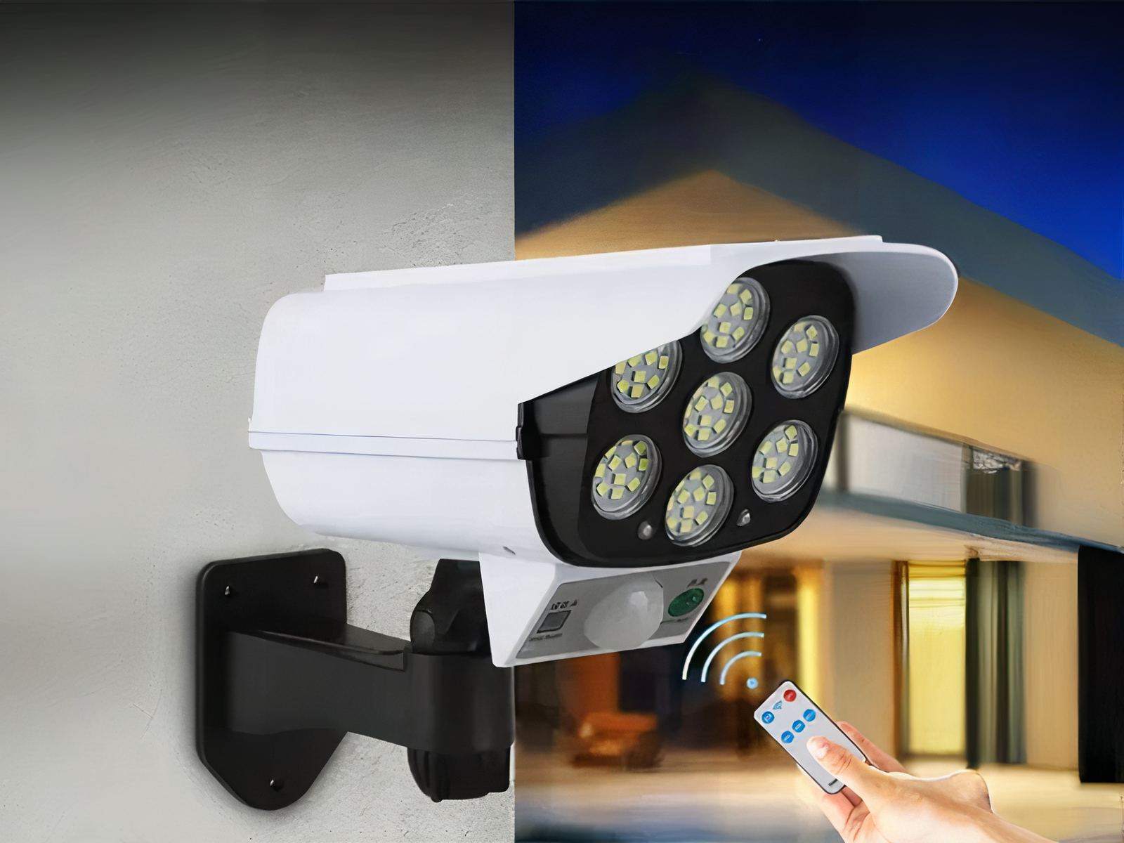 Projecteur LED solaire et télécommandé en forme de caméra installé sur un mur avec une maison en fond et la main d'une personne qui tient une télécommande en bas à droite
