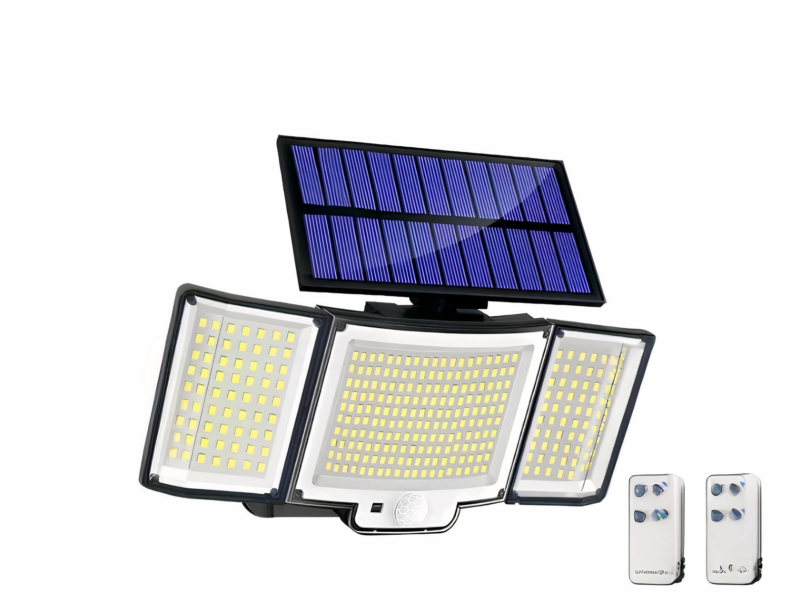 Projecteur LED solaire étanche et télécommandé sur fond blanc