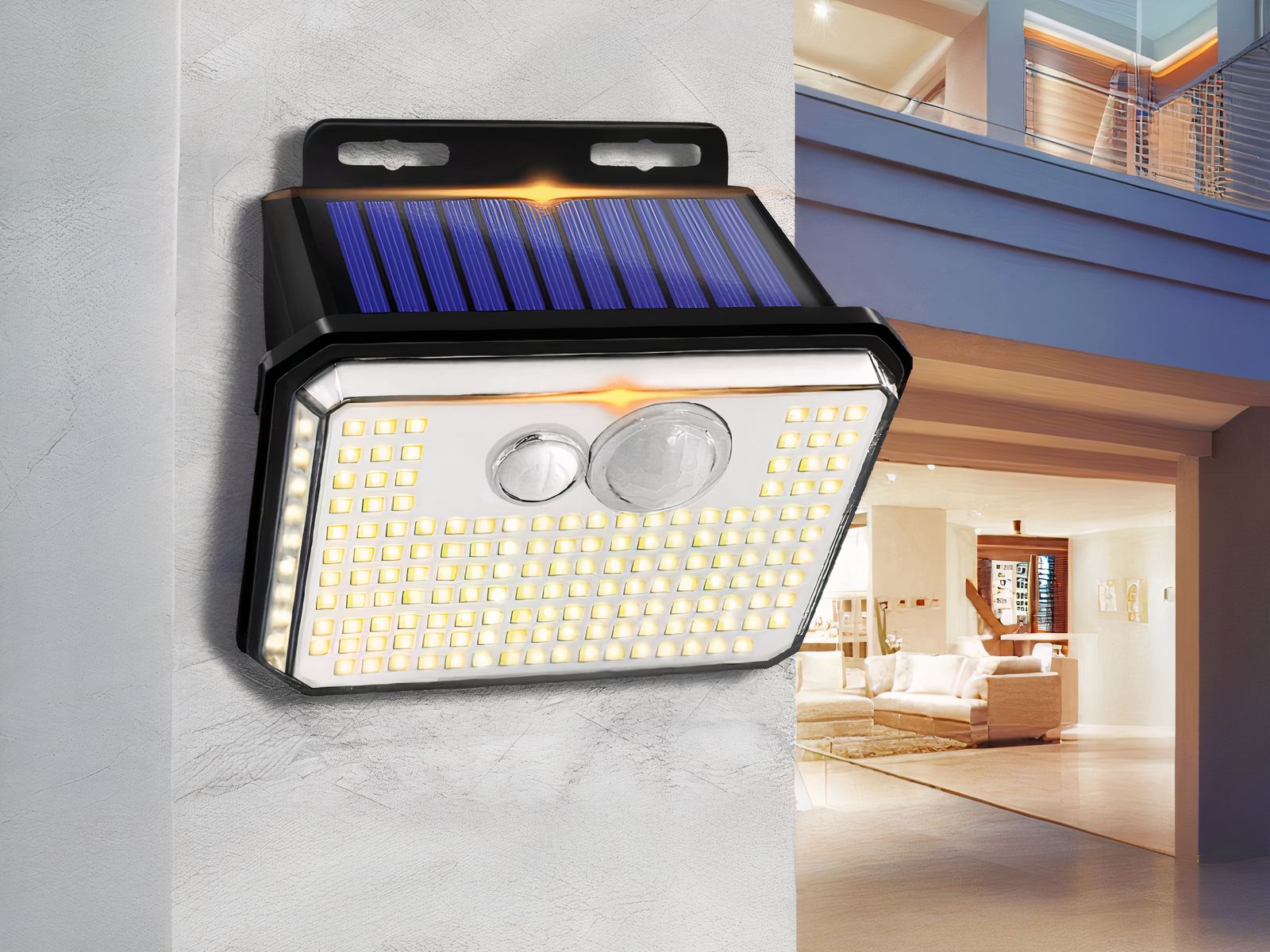 Projecteur LED solaire tendance et sans fil installé sur un mur gris avec une maison en fond