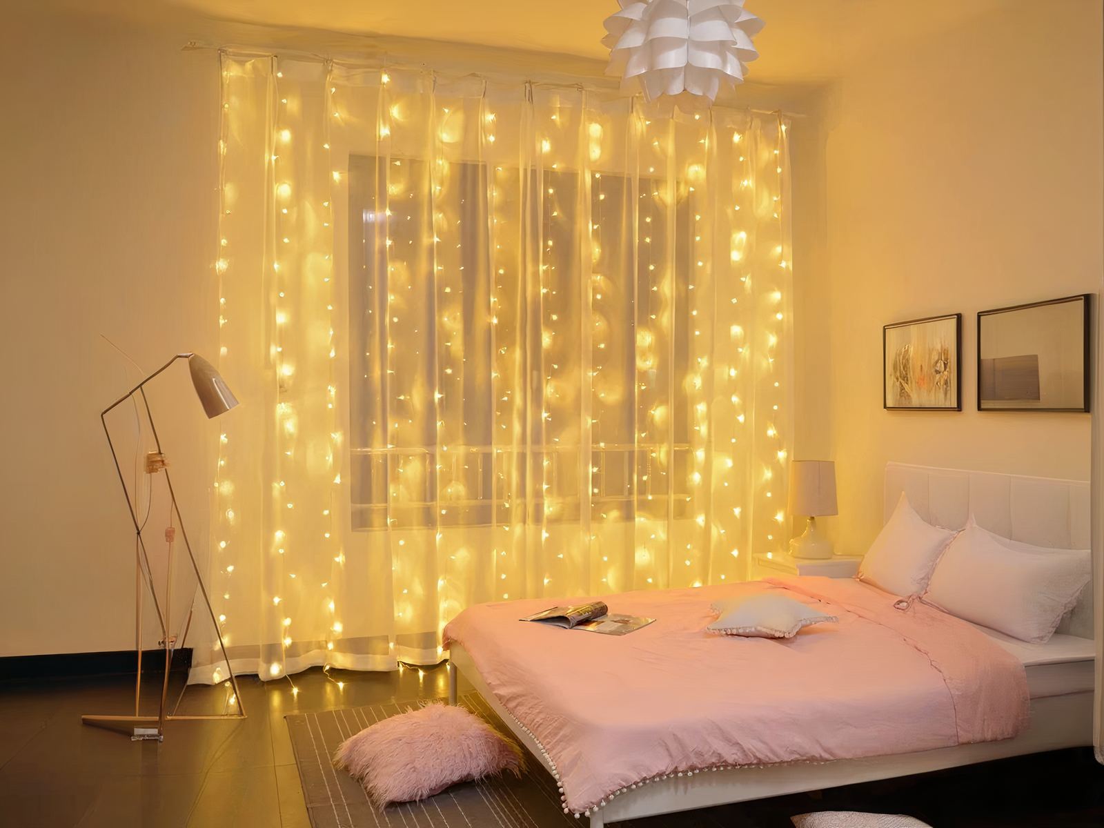 Rideau LED Pratique et Décoratif installé et allumé dans une chambre