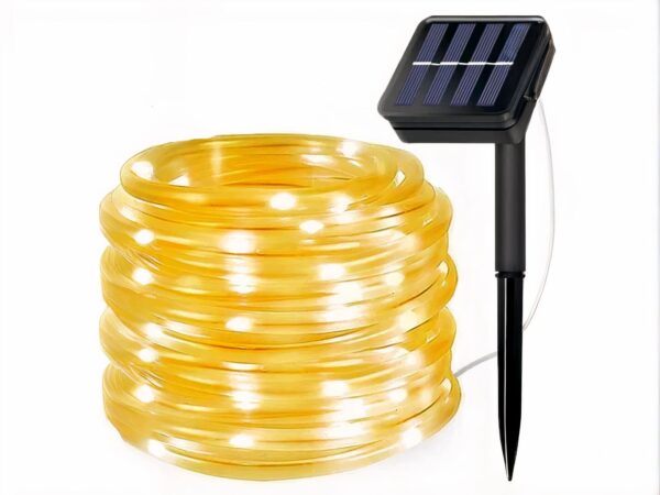 Ruban led exterieur solaire et lumineux, avec son panneau solaire sur un fond blanc.