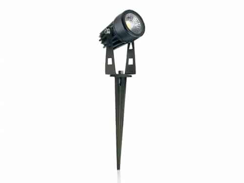 Spot LED extérieur imperméable, piquet amovible, noir, sur fond blanc.