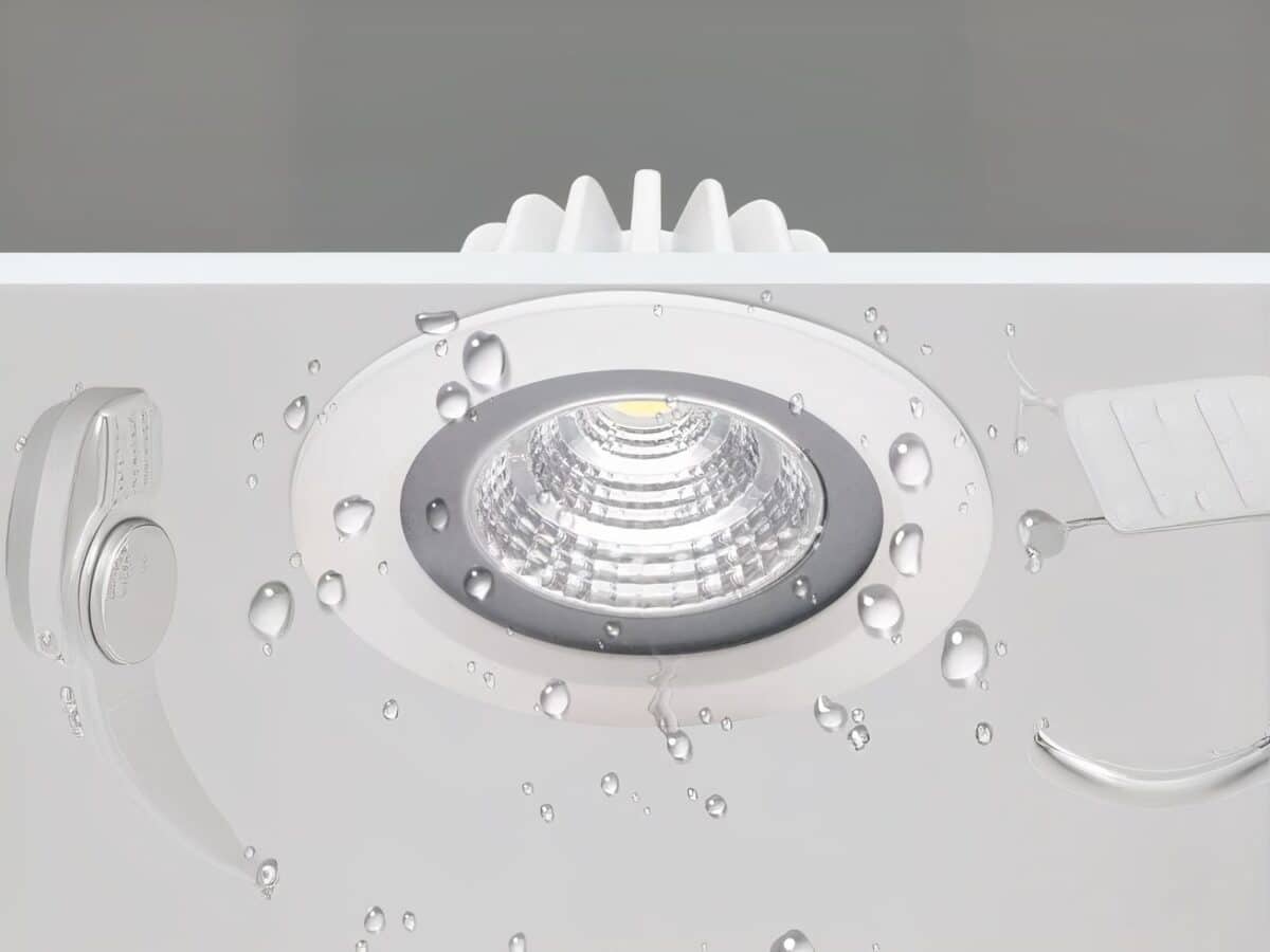 Spot LED salle de bain encastrable et rond Spot LED salle de bain encastrable et rond installé sur une planche avec des gouttes d'eau dessus