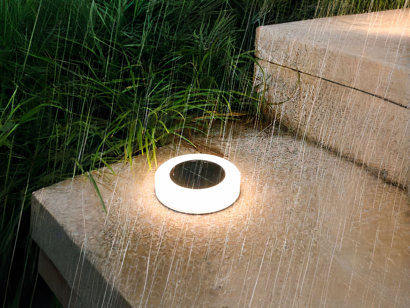 Spot LED solaire moderne et design allumé la nuit sous la pluie