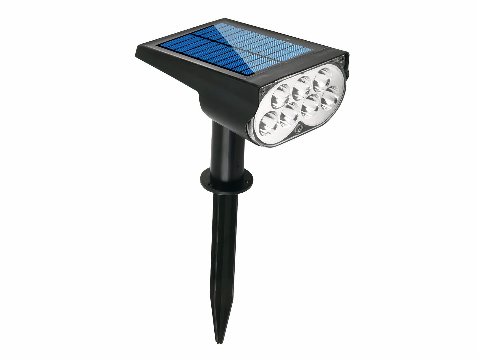 Spot LED solaire noir ajustable et design, sur un fond blanc.