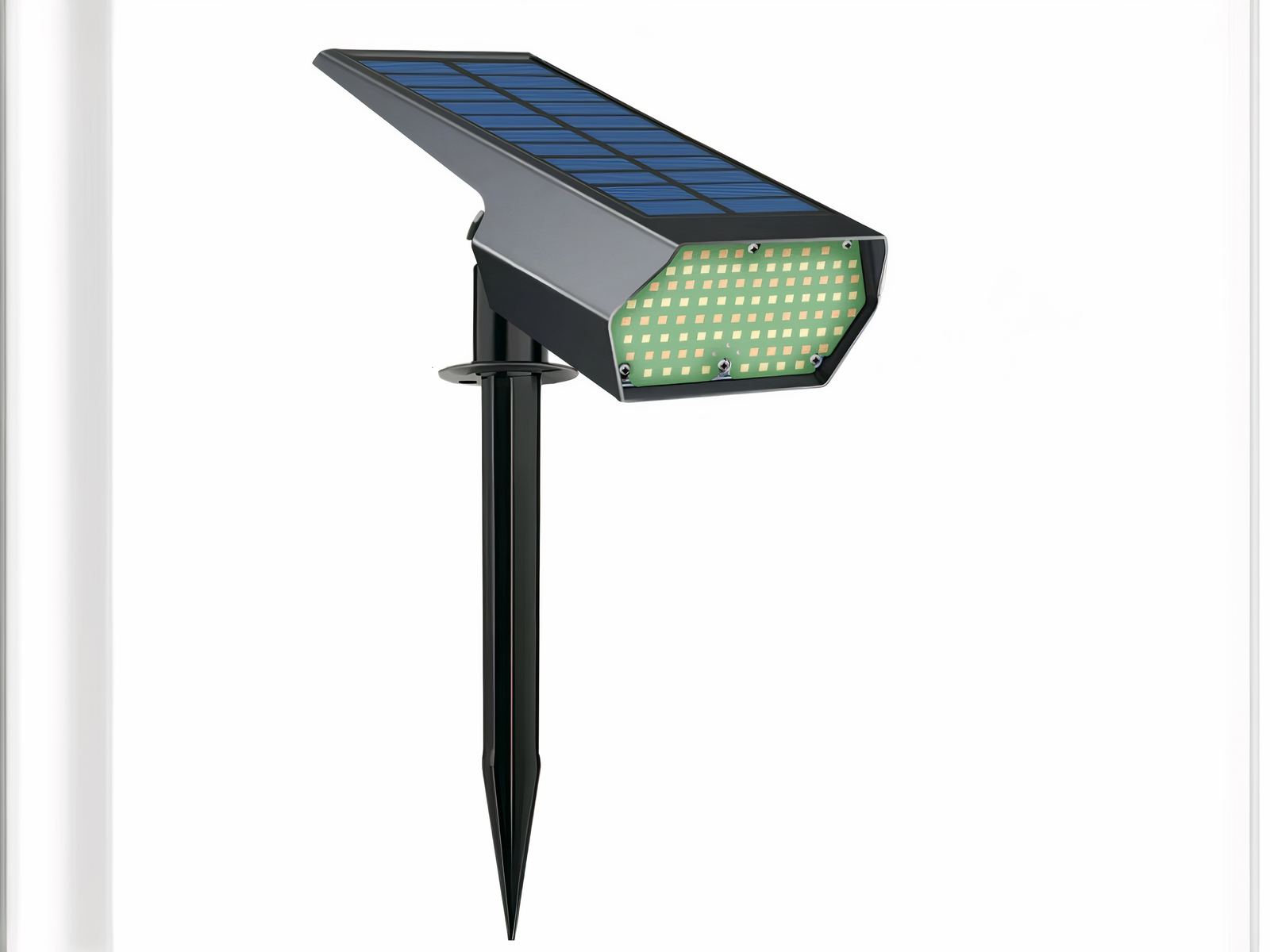 Spot LED solaire noir ajustable et étanche Spot LED solaire noir ajustable et étanche, sur un fond blanc.
