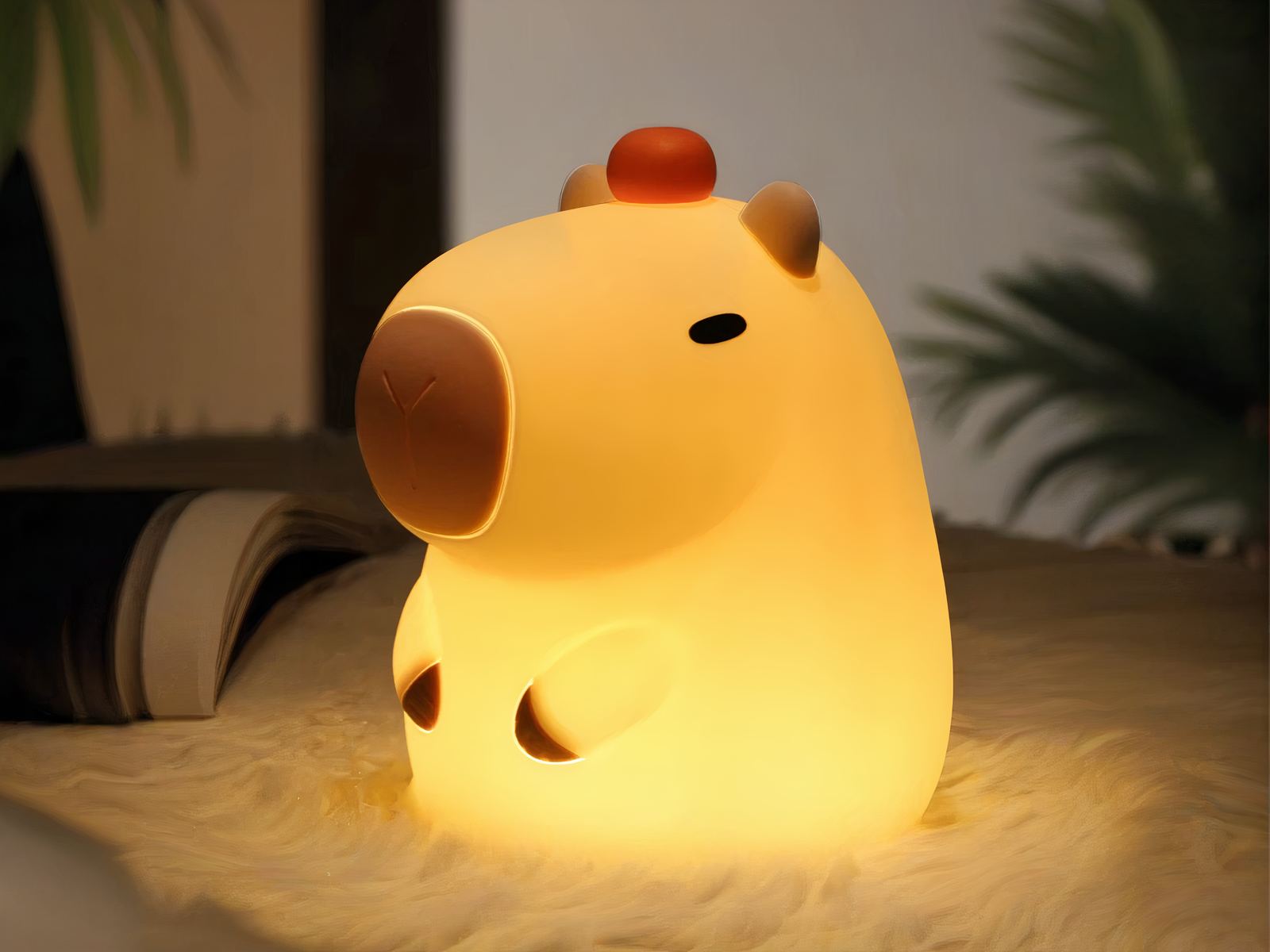 Veilleuse LED en forme d'animal pour enfant allumée et posée sur un lit