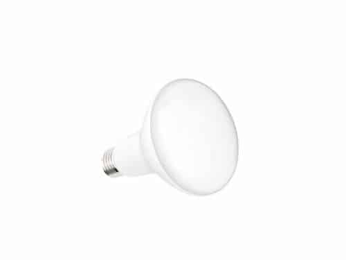 Ampoule LED E14 forme bulle plate blanche sur fond blanc.