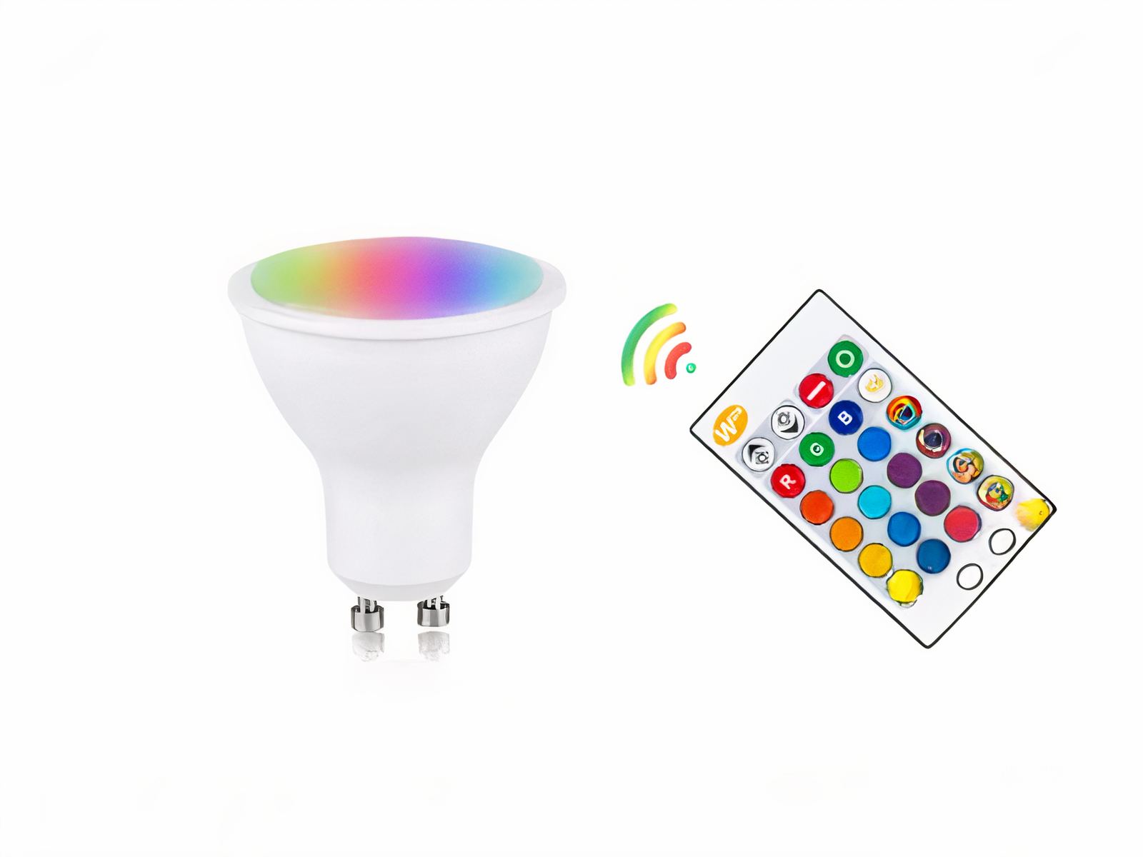 Ampoule LED GU10 à couleurs variables avec une télécommande sur fond blanc