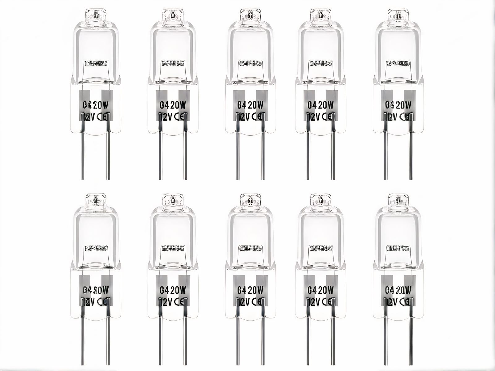 Lot 10 ampoules LED G4 style halogène Lot de 10 ampoules alignées sur fond blanc