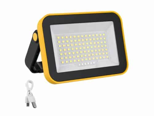 Lampe travail LED à batterie avec poignée. Jaune et noire, sur fond blanc.