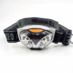 Lampe frontale LED noire et grise, avec un bouton orange et un bandeau réglable noir et gris.