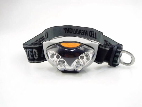 Lampe frontale LED noire et grise, avec un bouton orange et un bandeau réglable noir et gris.