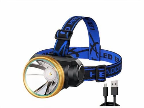 Lampe frontale LED durable et résistante sur fond blanc
