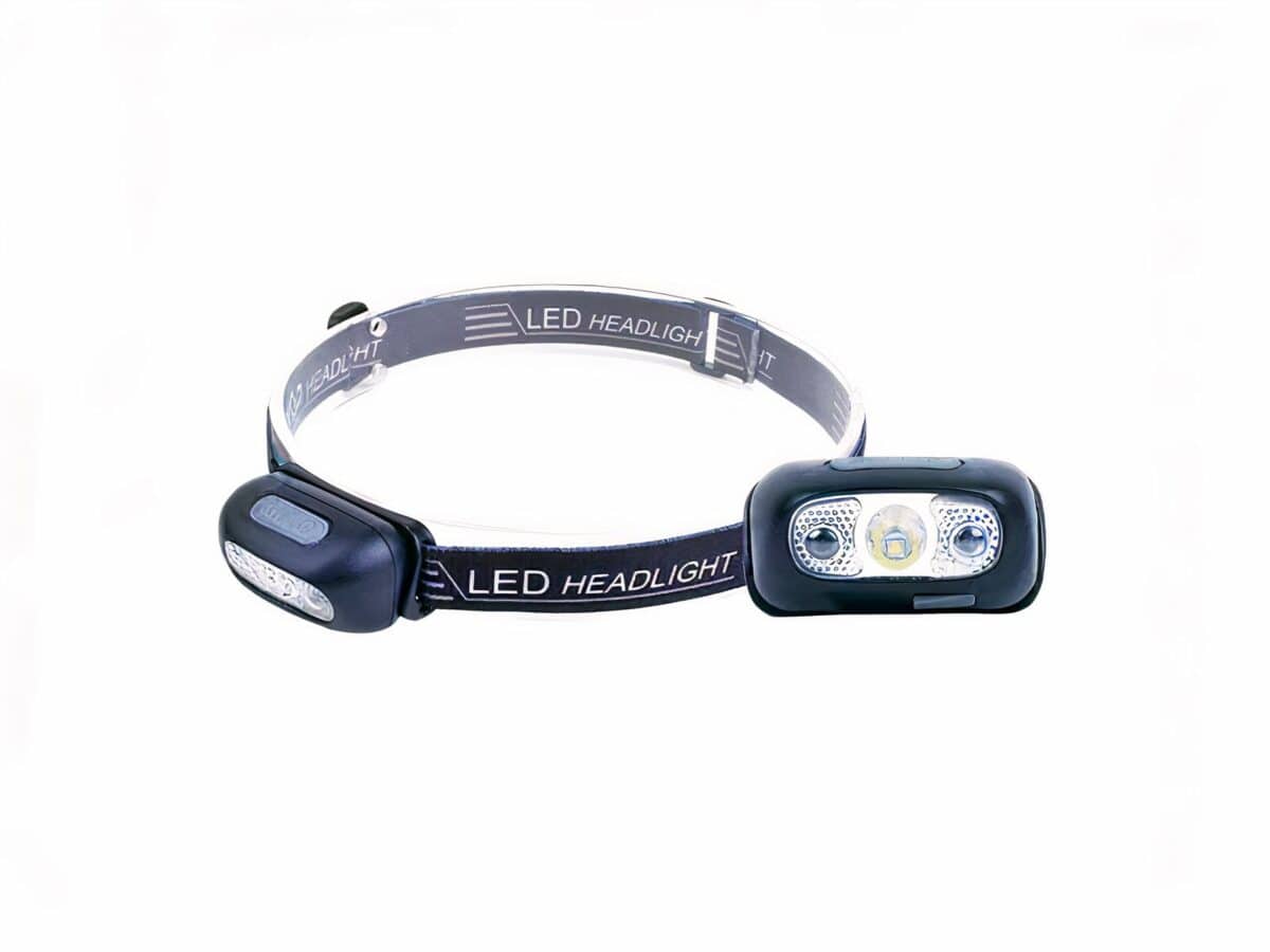 Lampe frontale LED légère et confortable Lampe frontale LED légère et confortable sur fond blanc