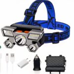 Lampe frontale LED pratique et moderne Lampe frontale LED pratique et moderne sur fond blanc avec des accessoires à côté