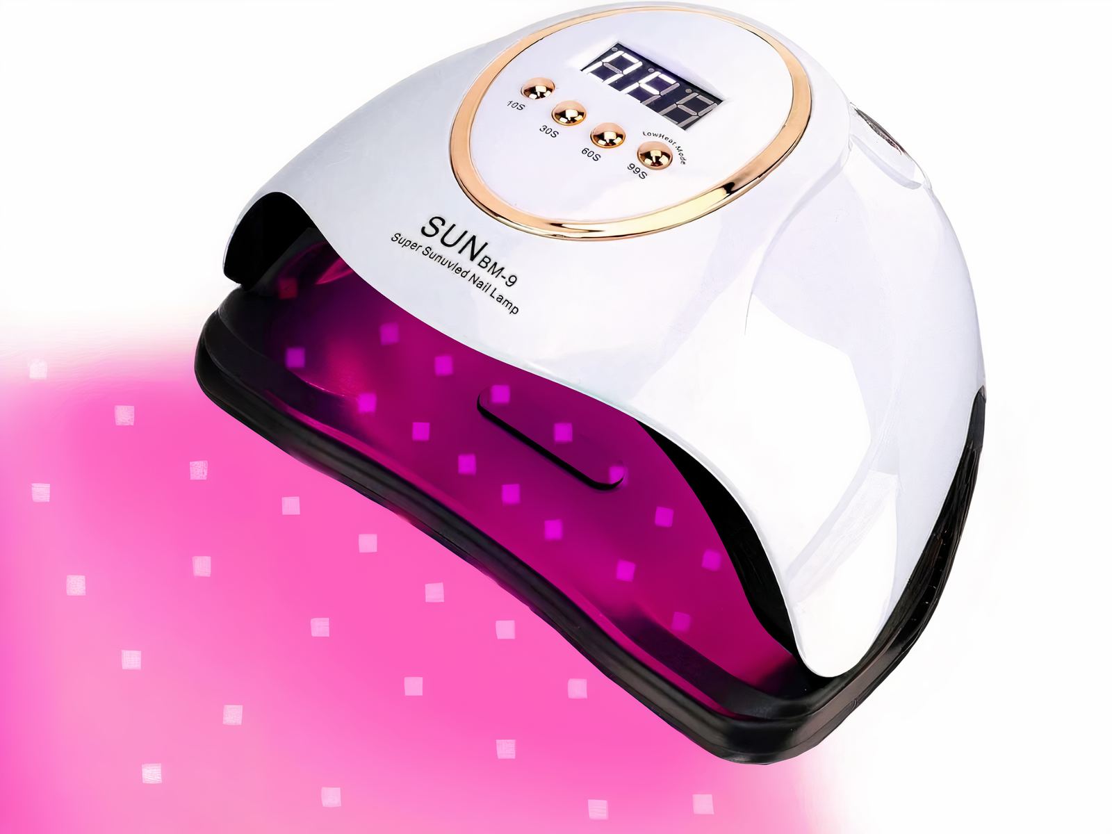 Lampe LED ongle UV lumière rose Lampe LED ongle UV lumière rose, base noire et coque principale blanche, allumée sur fond blanc.