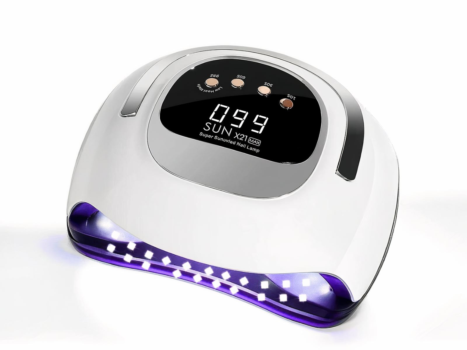 Lampe LED ongle UV pour vernis gel Lampe LED ongle UV pour vernis gel, allumée, blanche avec un écran noir et des boutons beiges, sur un fond blanc.
