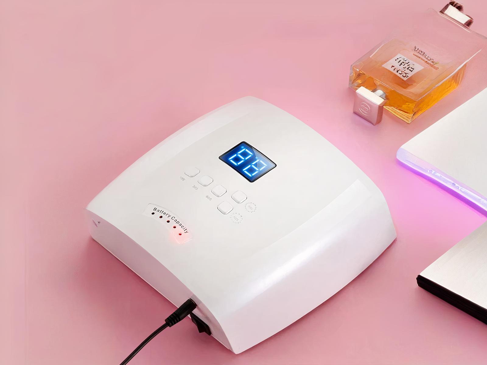 Lampe LED ongle UV rechargeable, de dos sur une table rose avec un parfum à côté.