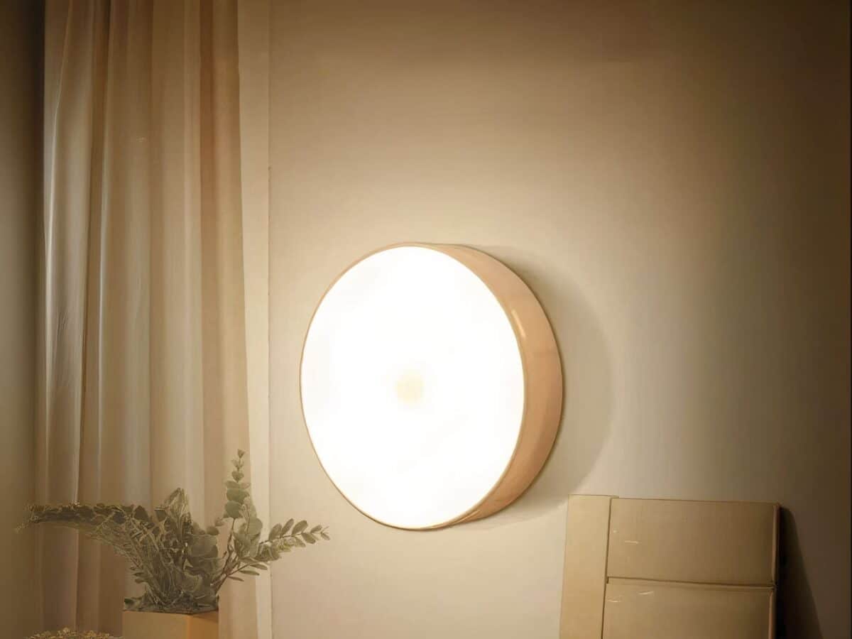 Lampe LED sans fil avec détecteur de mouvement Lampe LED sans fil avec détecteur de mouvement installée sur un mur avec une plante verte en bas à droite