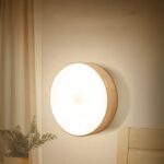 Lampe LED sans fil avec détecteur de mouvement installée sur un mur avec une plante verte en bas à droite