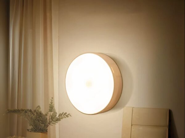 Lampe LED sans fil avec détecteur de mouvement installée sur un mur avec une plante verte en bas à droite