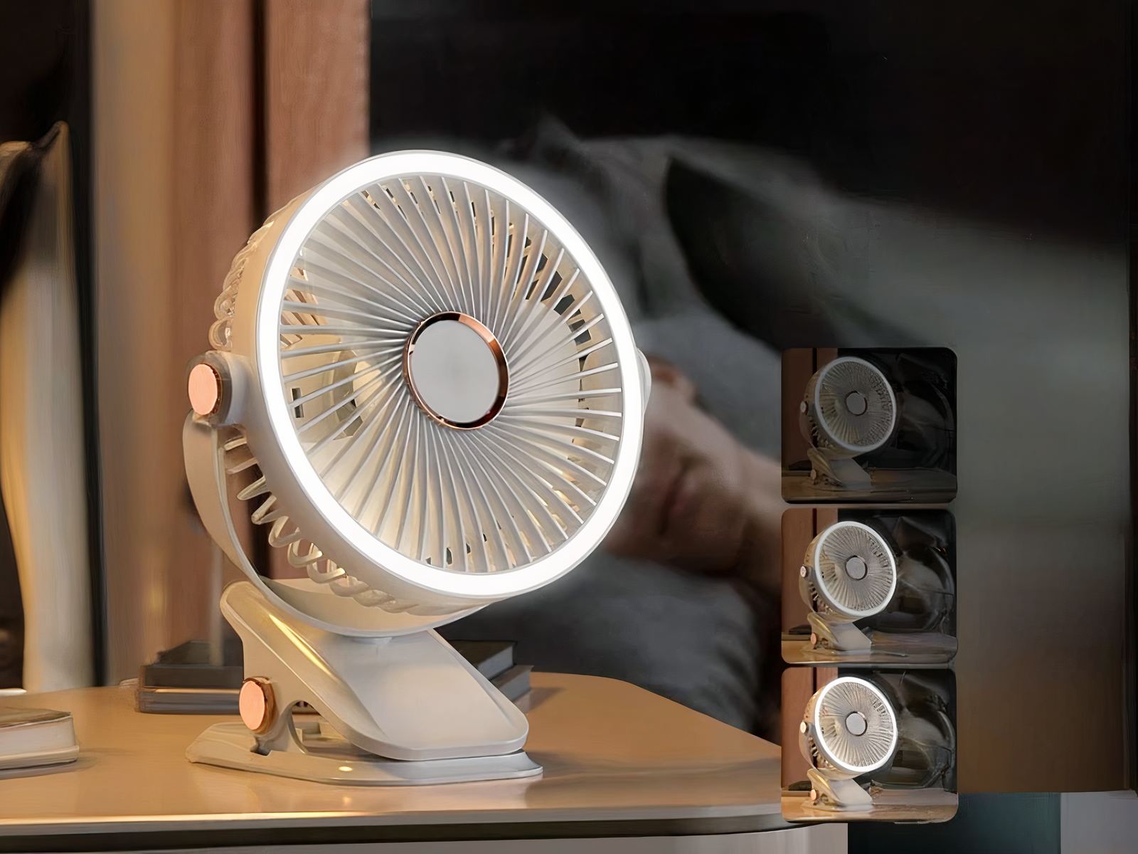 Lampe LED sans fil style ventilateur lumineux posée sur une table de nuit