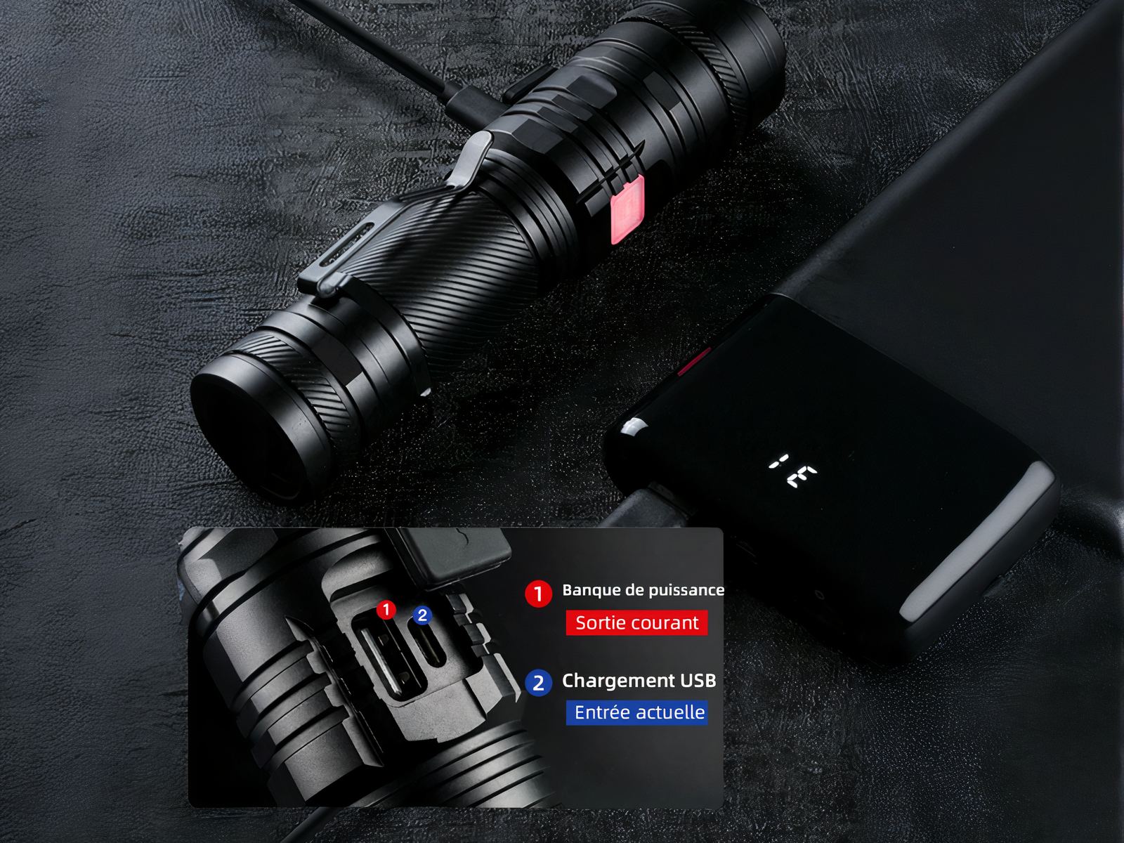 Lampe torche LED noire à haute puissance Lampe torche LED noire à haute puissance