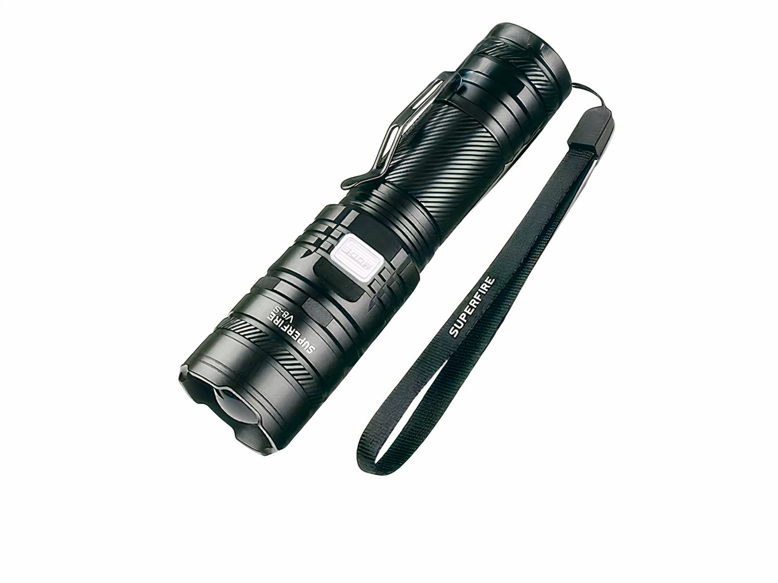 Lampe torche LED noire à haute puissance sur fond blanc