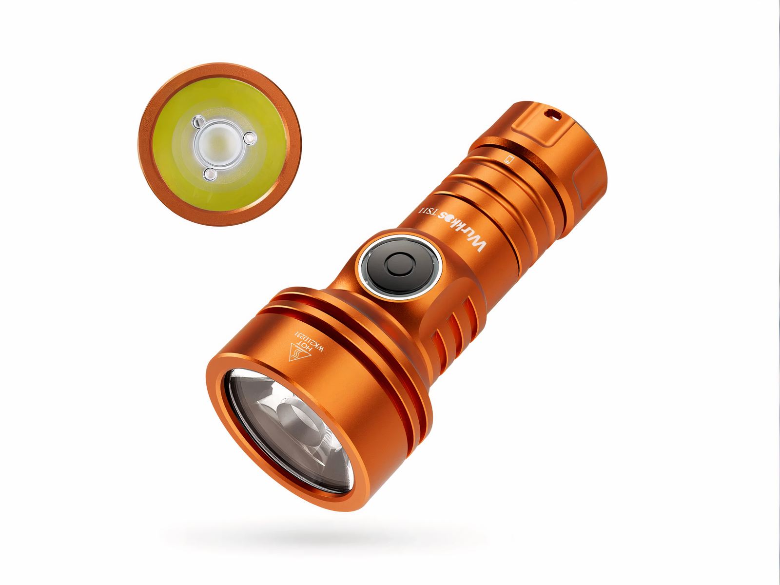 Lampe torche LED orange pratique et étanche sur fond blanc