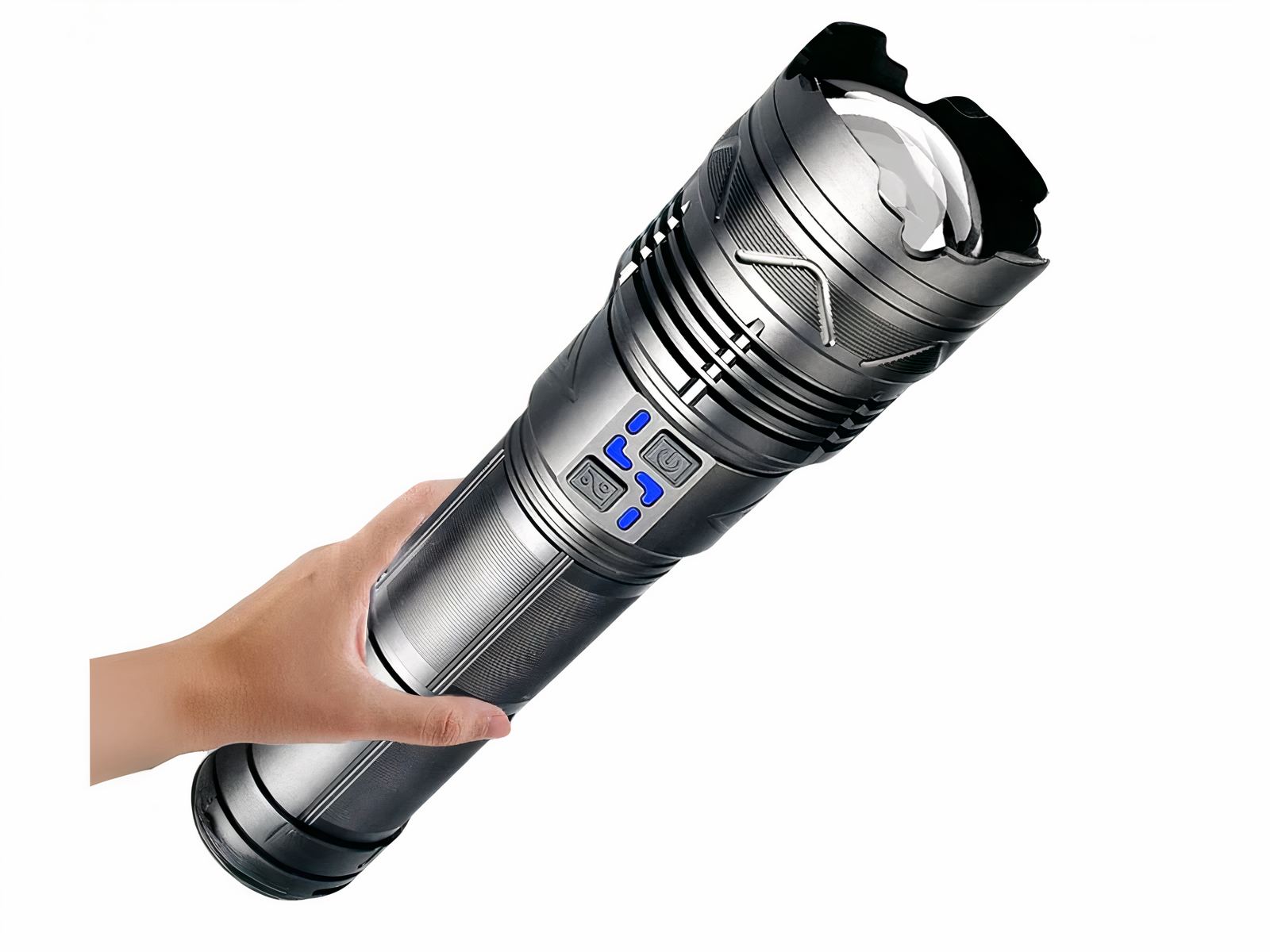 Lampe torche LED puissante et légère dans une main et sur fond blanc