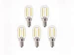 Lot 5 ampoules LED E14 tubulaire à filament jaune, sur fond blanc.