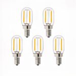 Lot 5 ampoules LED E14 tubulaire à filament jaune, sur fond blanc.