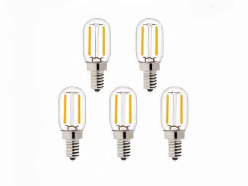 Lot 5 ampoules LED E14 tubulaire à filament jaune, sur fond blanc.