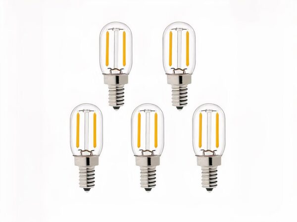 Lot 5 ampoules LED E14 tubulaire à filament jaune, sur fond blanc.
