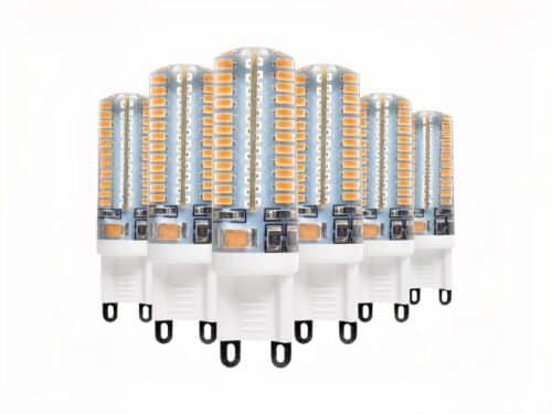 Lot 6 ampoules LED G9 sur fond blanc.