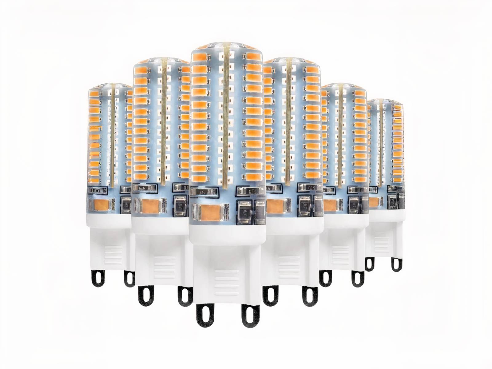 Lot 6 ampoules LED G9 sur fond blanc.