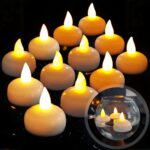 Lot de 12 bougies LED à flamme vacillante flottantes cylindriques Lot de 12 bougies LED à flamme vacillante flottantes cylindriques, sur un fond noir.
