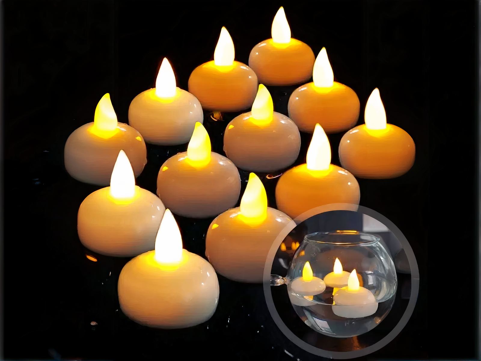 Lot de 12 bougies LED à flamme vacillante flottantes cylindriques, sur un fond noir.