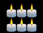 Lot de 6 bougies LED flamme vacillante avec lumière jaune, sur un fond noir.